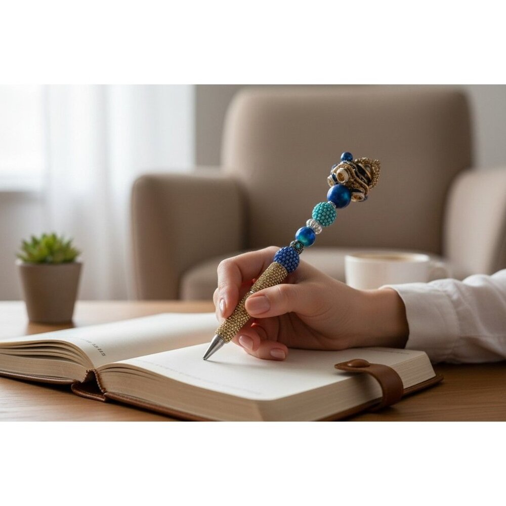 Lion Dance Beaded Pen • Blue Gold Ornate Writing Pen • Rhinestone Topper • Cultu